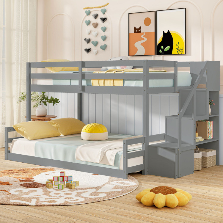 Solid Wood Twin Over Full Low Bunk Bed with Storage Stairs view 3