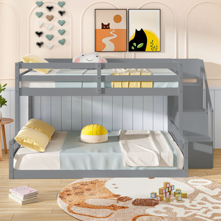 Solid Wood Twin Over Full Low Bunk Bed with Storage Stairs view 6