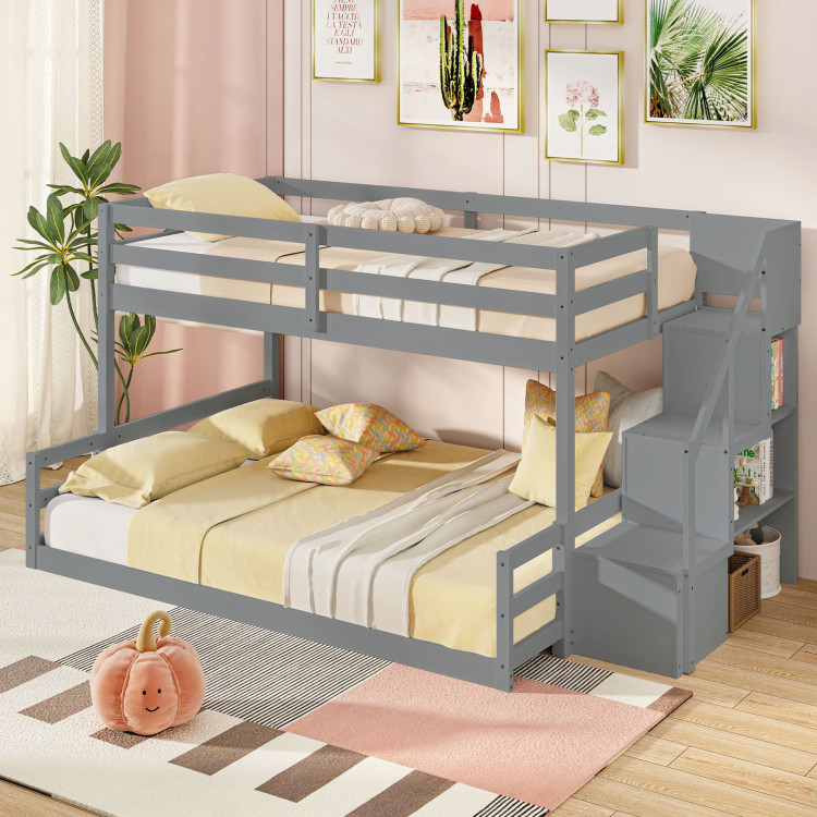 Solid Wood Twin Over Full Low Bunk Bed with Storage Stairs view 2