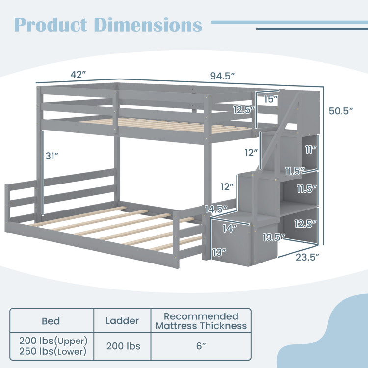 Solid Wood Twin Over Full Low Bunk Bed with Storage Stairs view 5