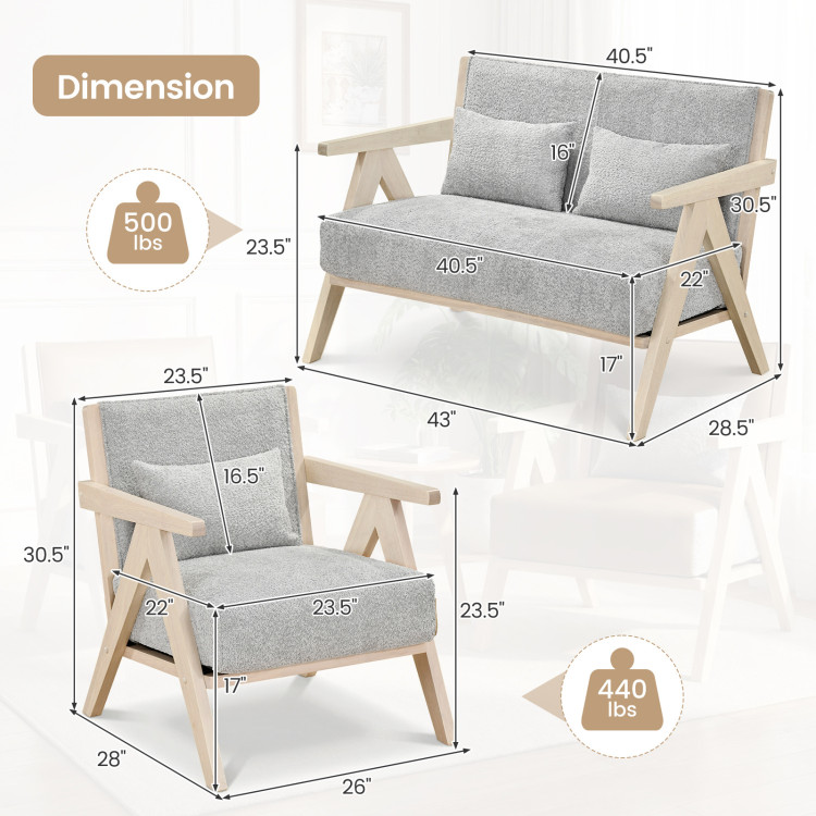 3 Pieces Living Room Furniture Set with Rubber Wood Frame view 4