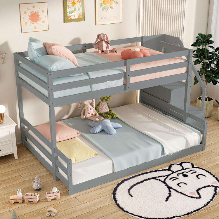 Solid Wood Twin Over Full Low Bunk Bed with Storage Stairs view 7