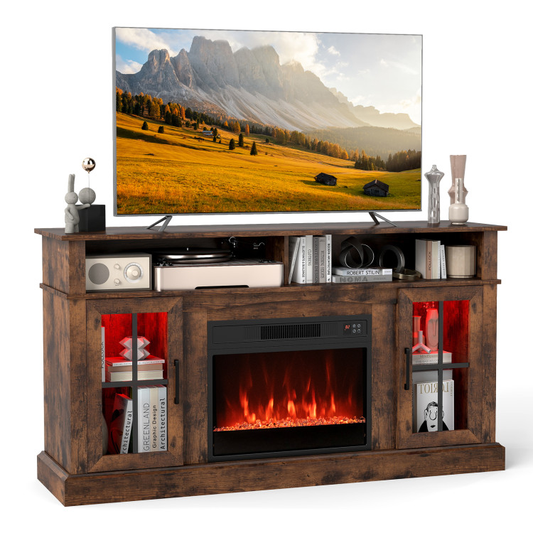 58 Inch Fireplace TV Stand with LED Lights with Storage Cabinets and Glass Doors view 4