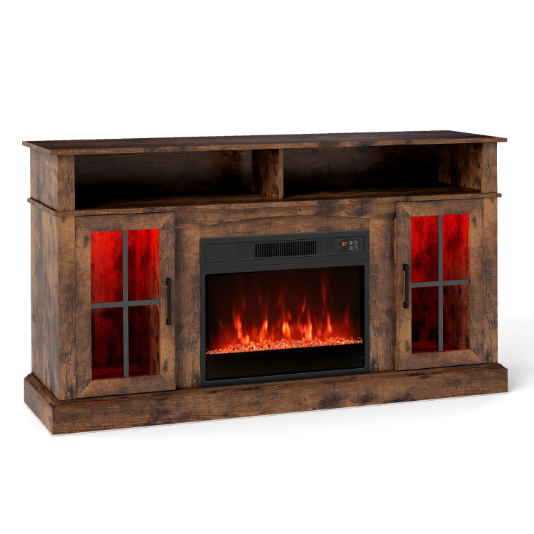 58 Inch Fireplace TV Stand with LED Lights with Storage Cabinets and Glass Doors view 1