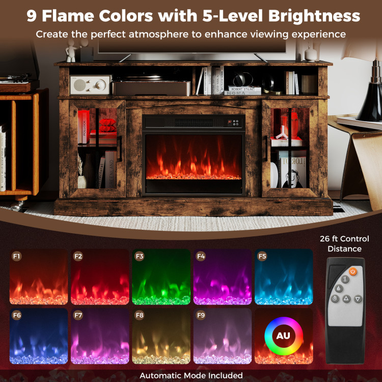 58 Inch Fireplace TV Stand with LED Lights with Storage Cabinets and Glass Doors view 7