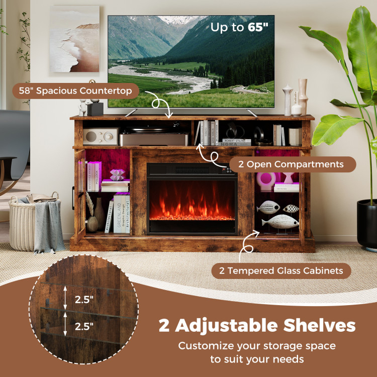 58 Inch Fireplace TV Stand with LED Lights with Storage Cabinets and Glass Doors - Image 9