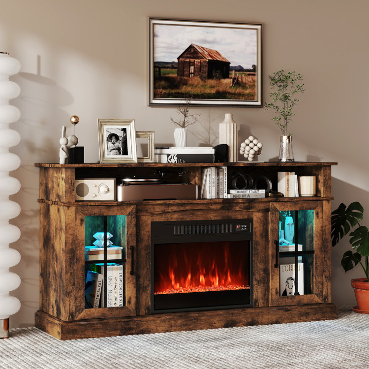 58 Inch Fireplace TV Stand with LED Lights with Storage Cabinets and Glass Doors view 2