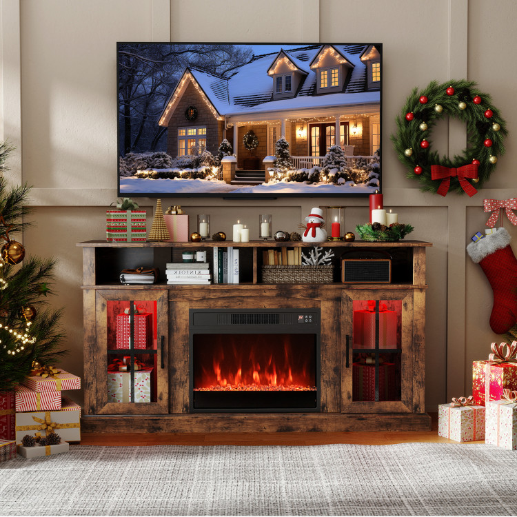 58 Inch Fireplace TV Stand with LED Lights with Storage Cabinets and Glass Doors view 3