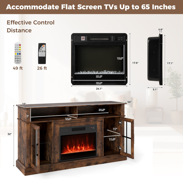 58 Inch Fireplace TV Stand with LED Lights with Storage Cabinets and Glass Doors view 5