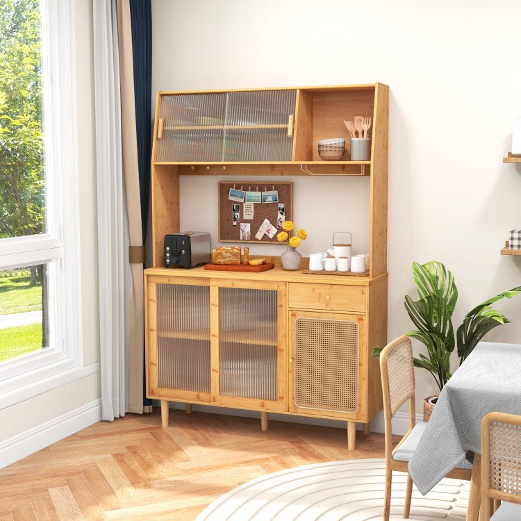 69 Inch Wine Bar Kitchen Cabinet with Sliding Tempered Glass and Rattan Door view 2