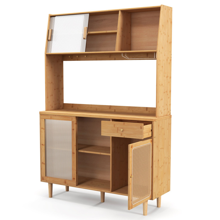 69 Inch Wine Bar Kitchen Cabinet with Sliding Tempered Glass and Rattan Door view 4