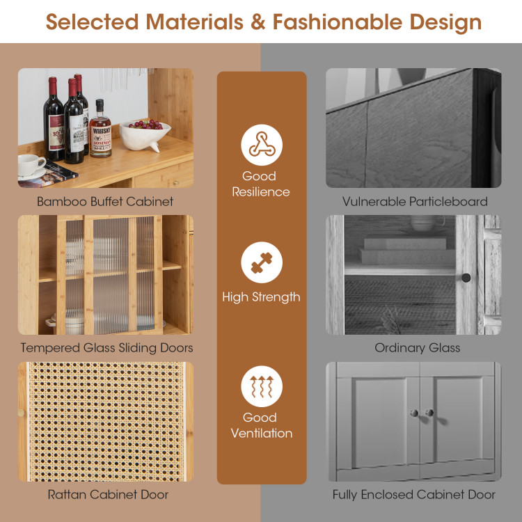 69 Inch Wine Bar Kitchen Cabinet with Sliding Tempered Glass and Rattan Door - Image 9