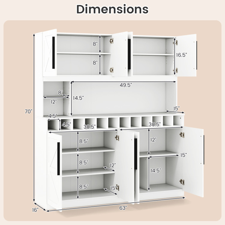 70 Inch Farmhouse Pantry Cabinet Kitchen Buffet Hutch with 4 Cabinets and 2 Open Shelves view 5