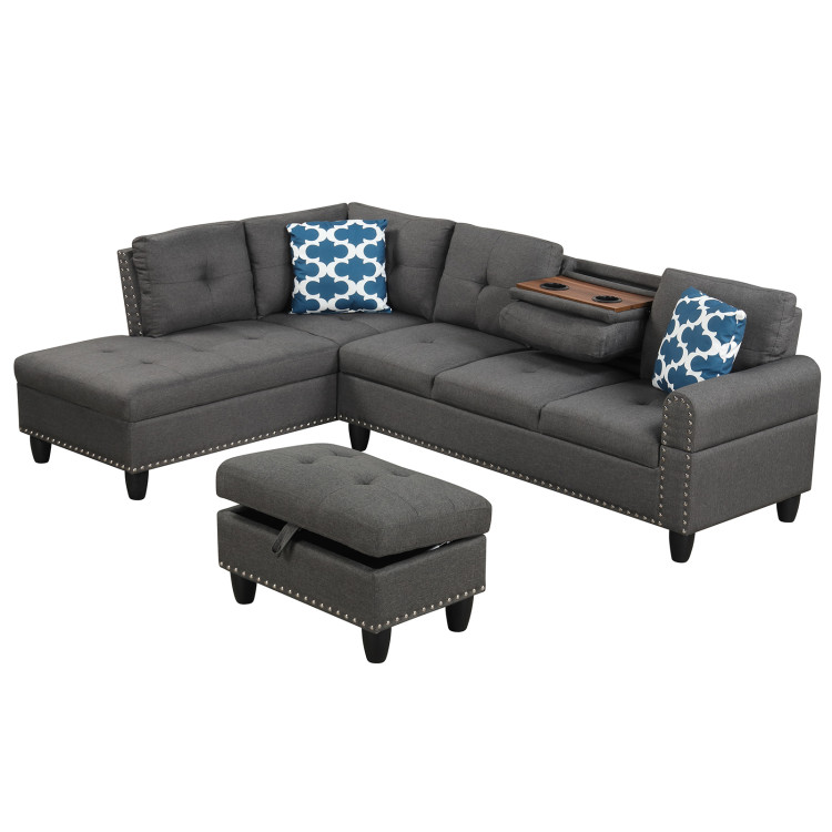 98 Inches Sectional Sofa Couch with Movable Storage Ottoman and Linen Fabric Backs view 1