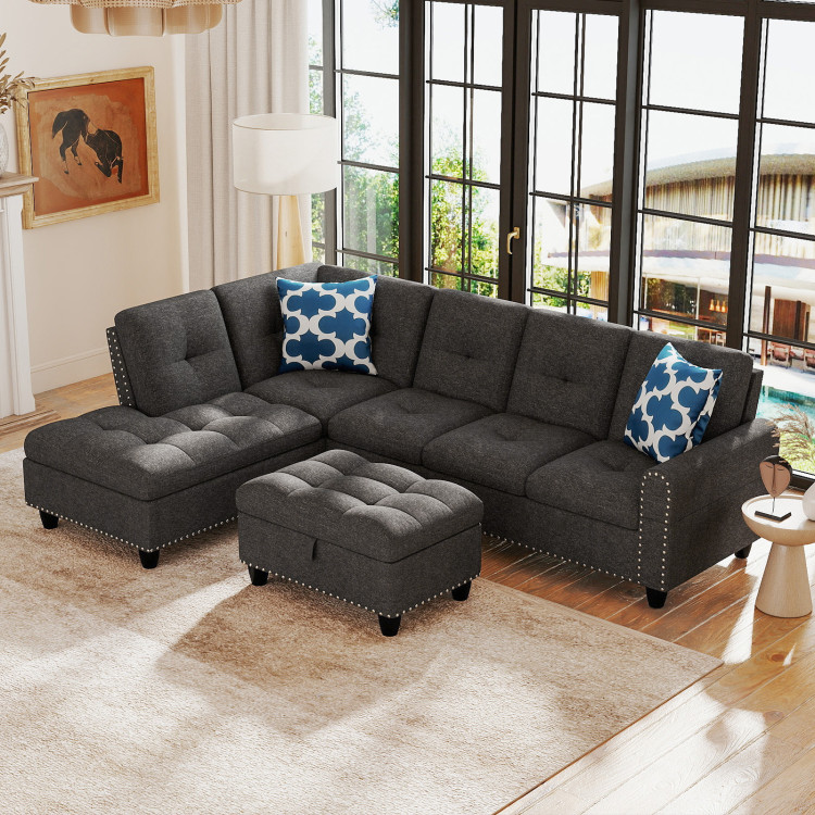 98 Inches Sectional Sofa Couch with Movable Storage Ottoman and Linen Fabric Backs view 2