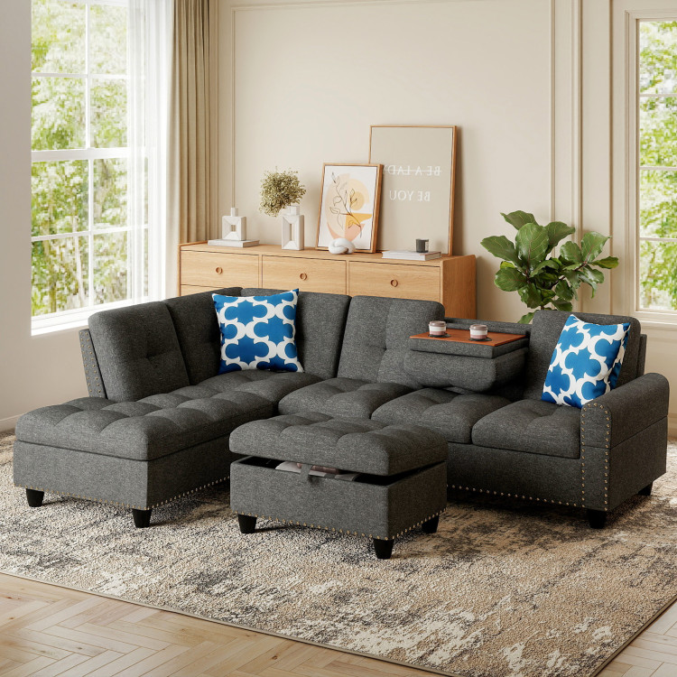 98 Inches Sectional Sofa Couch with Movable Storage Ottoman and Linen Fabric Backs view 3