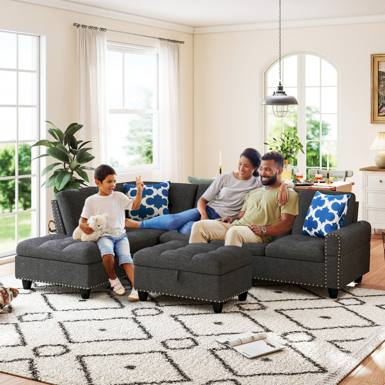 98 Inches Sectional Sofa Couch with Movable Storage Ottoman and Linen Fabric Backs view 6