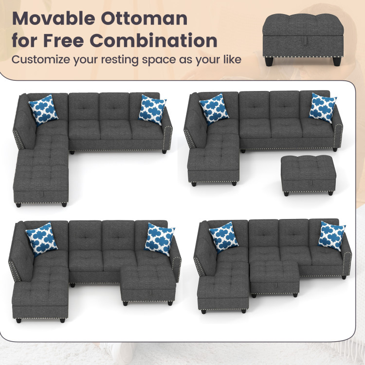 98 Inches Sectional Sofa Couch with Movable Storage Ottoman and Linen Fabric Backs view 7