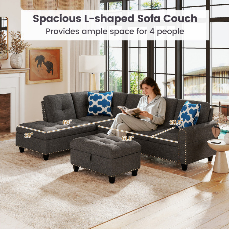 98 Inches Sectional Sofa Couch with Movable Storage Ottoman and Linen Fabric Backs view 8