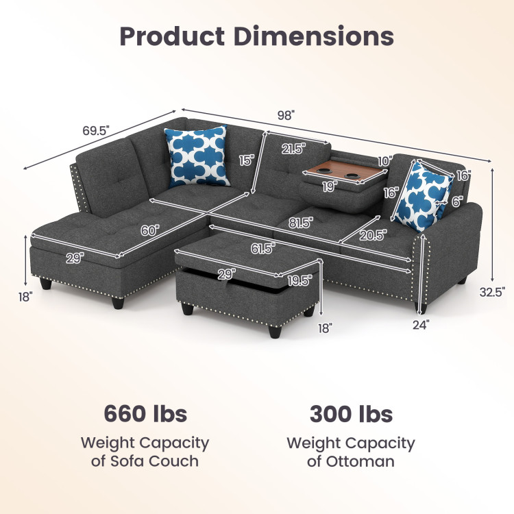 98 Inches Sectional Sofa Couch with Movable Storage Ottoman and Linen Fabric Backs view 5