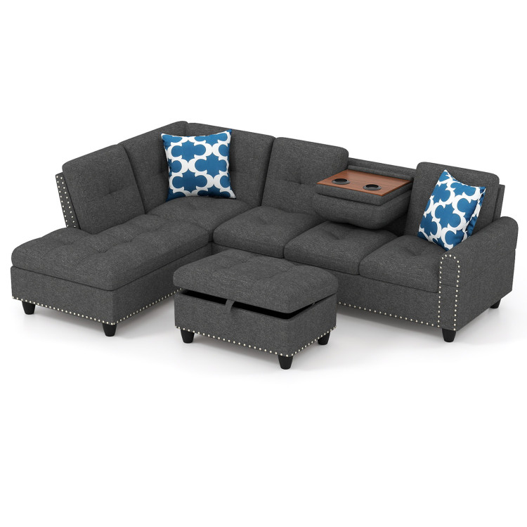 98 Inches Sectional Sofa Couch with Movable Storage Ottoman and Linen Fabric Backs view 4