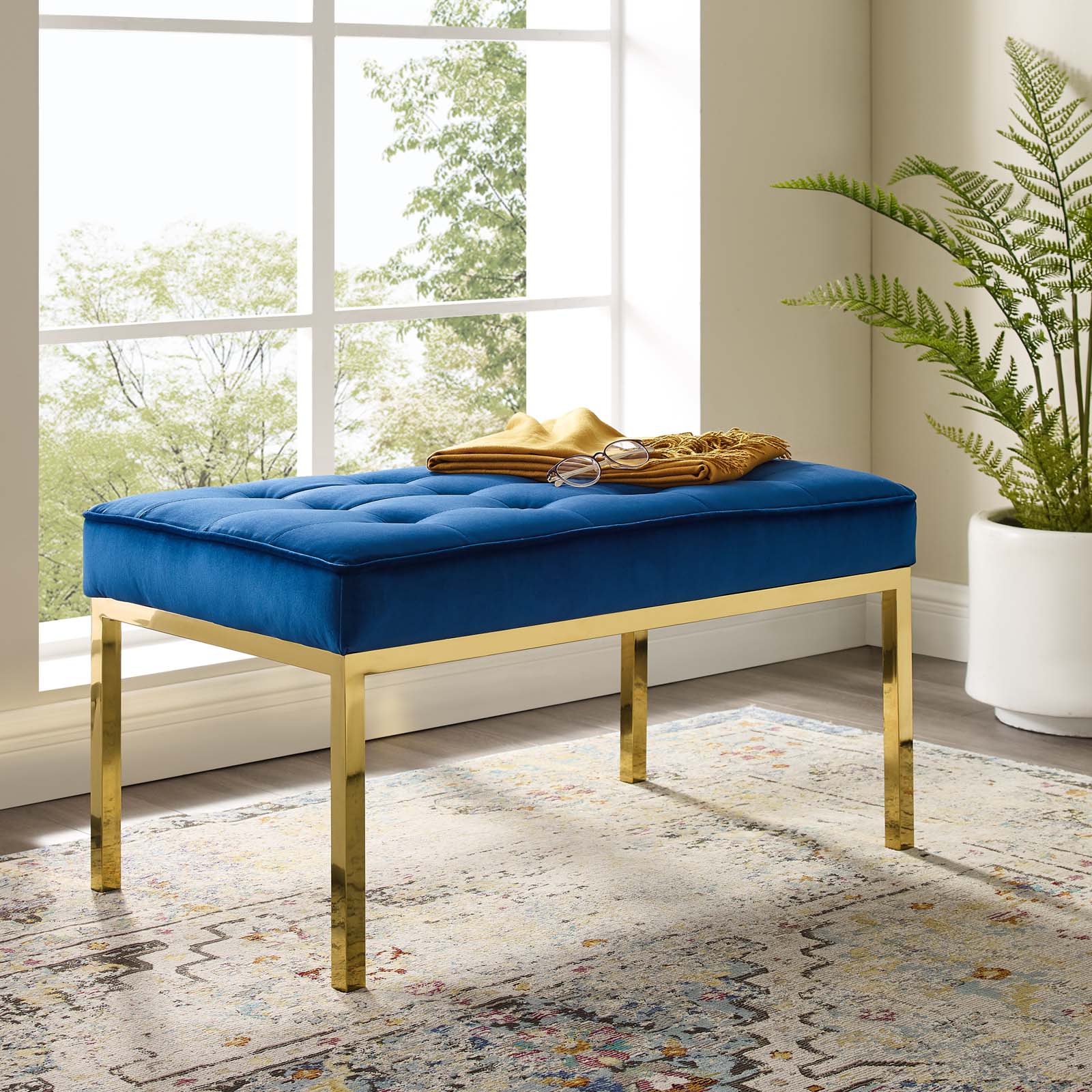 Loft Gold Stainless Steel Leg Medium Performance Velvet Bench - Image 2