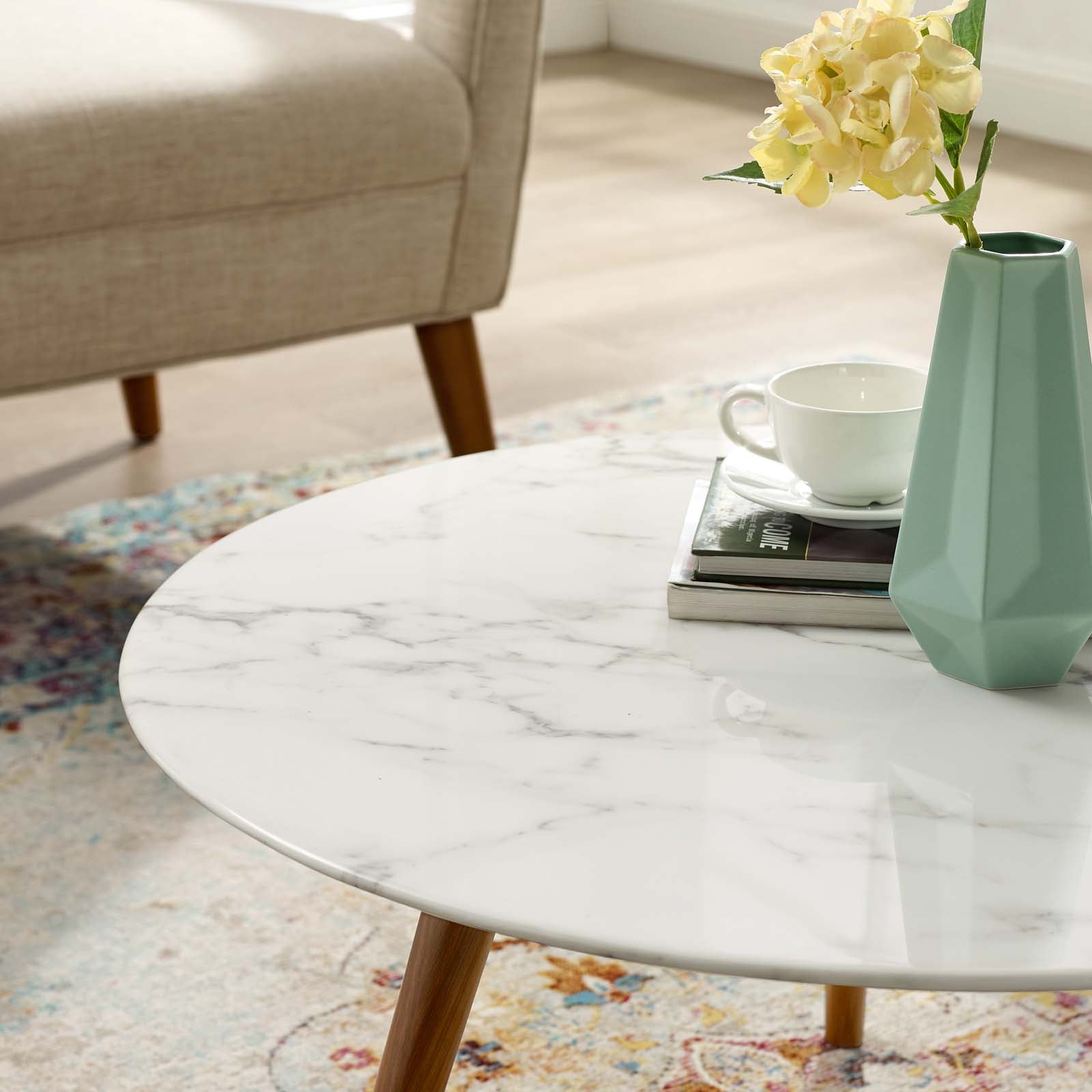 Lippa Round Artificial Marble Coffee Table with Tripod Base - Image 6