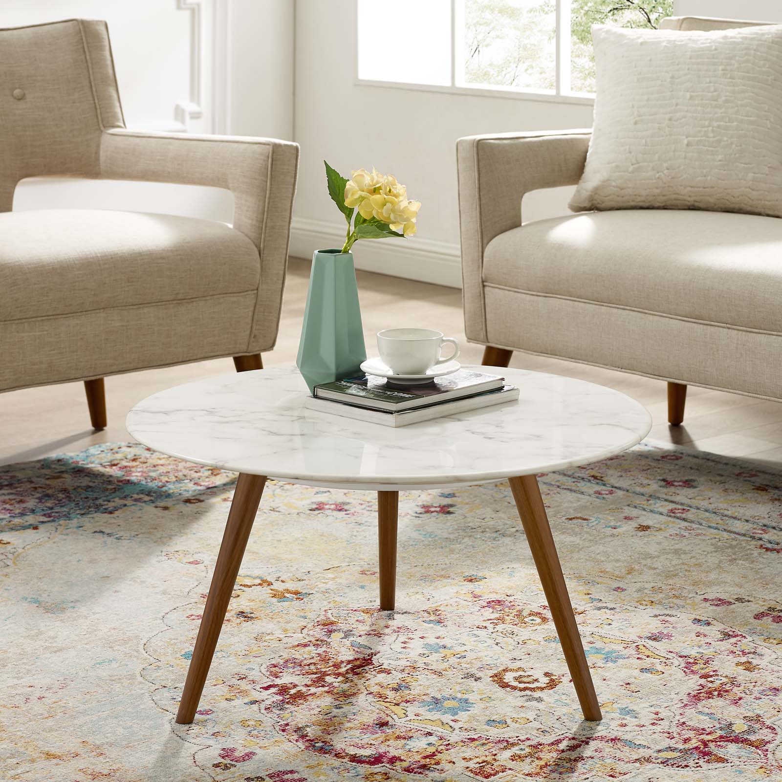 Lippa Round Artificial Marble Coffee Table with Tripod Base - Image 4
