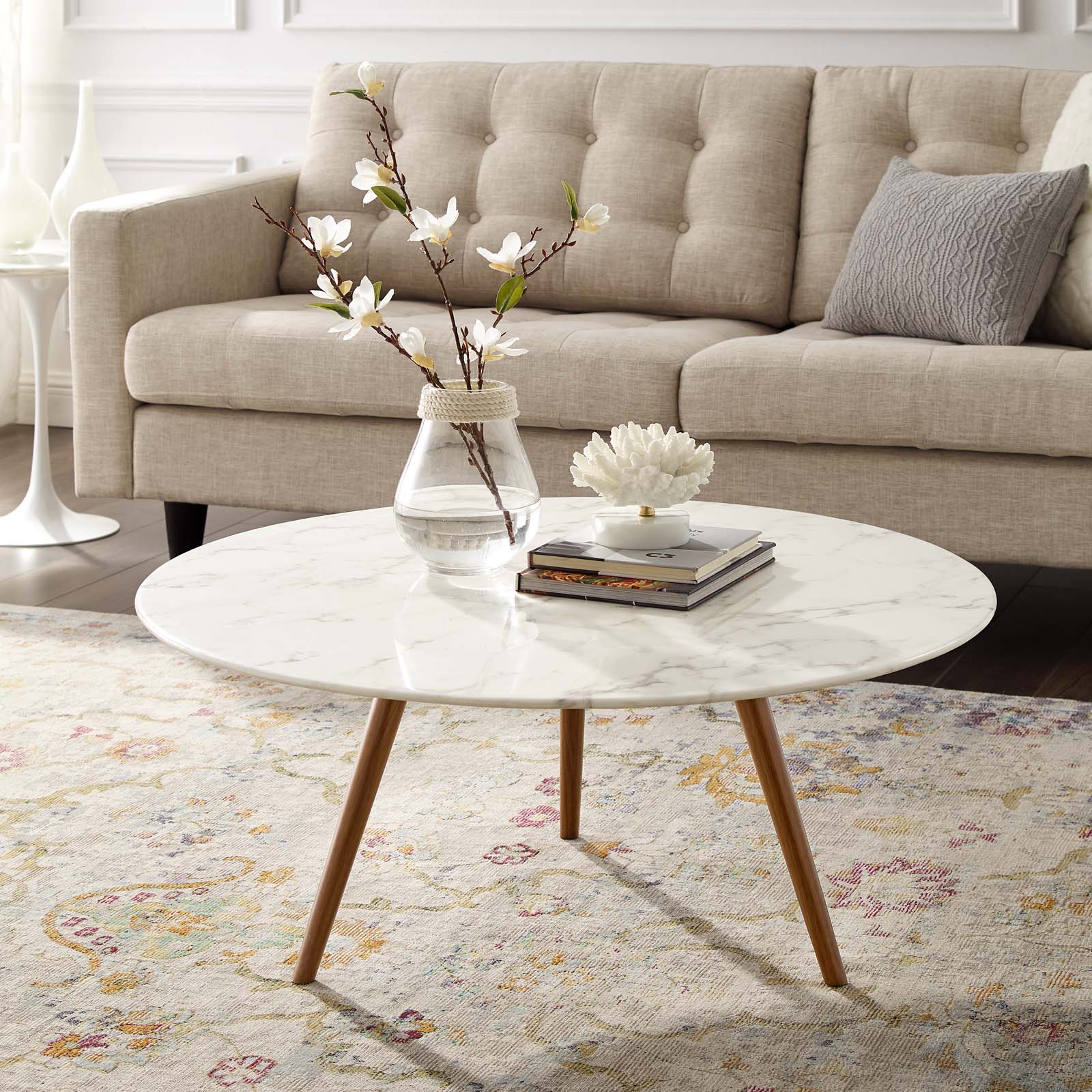 Lippa Round Artificial Marble Coffee Table with Tripod Base - Image 7