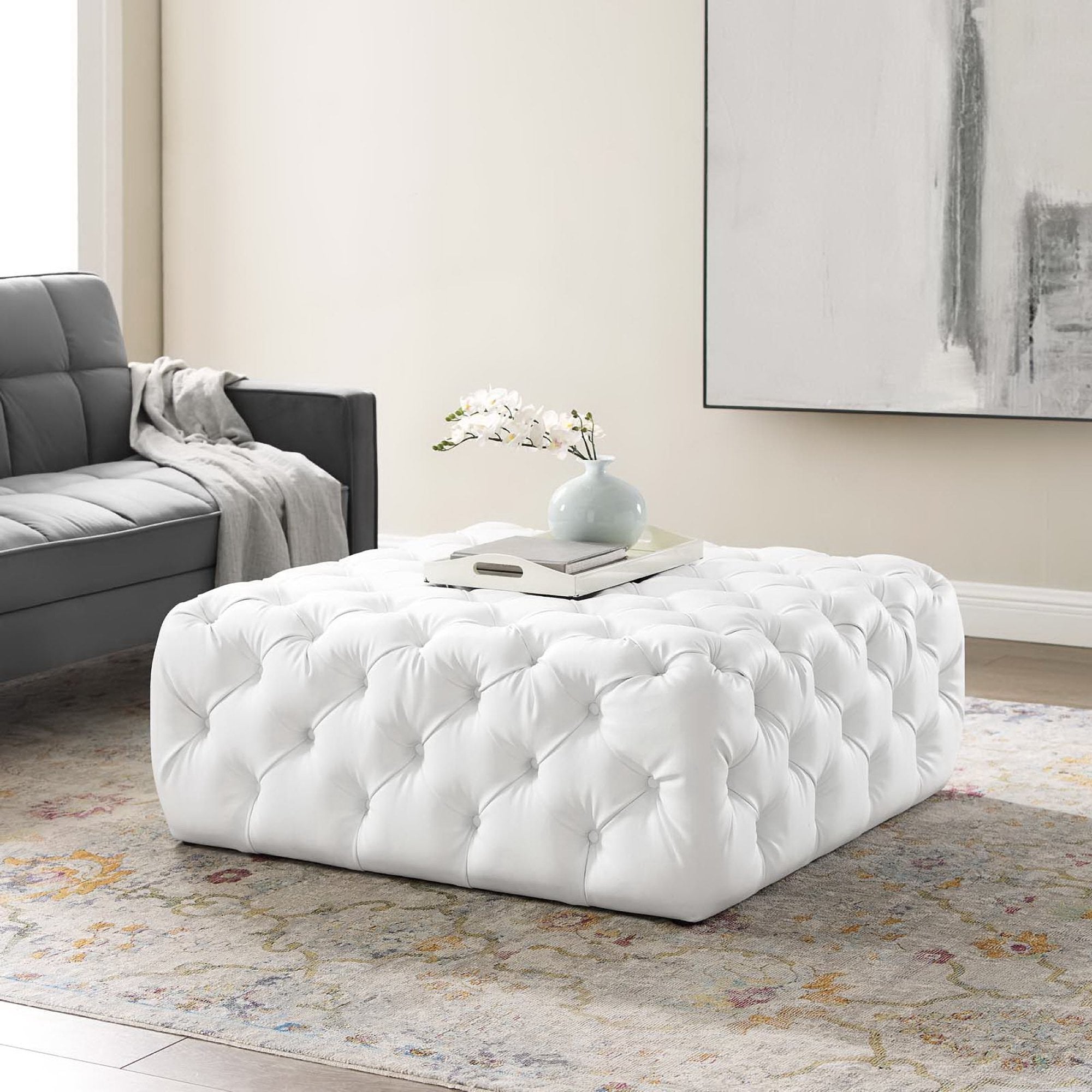 Amour Tufted Button Large Square Faux Leather Ottoman view 2