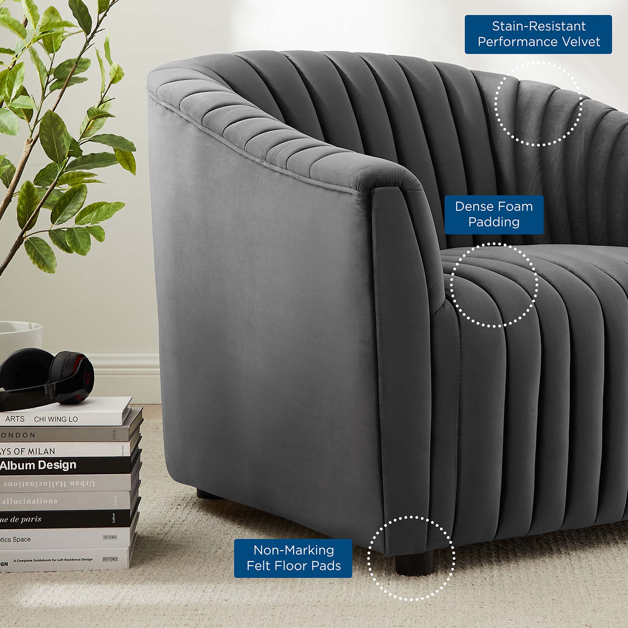 Announce Performance Velvet Channel Tufted Armchair view 3