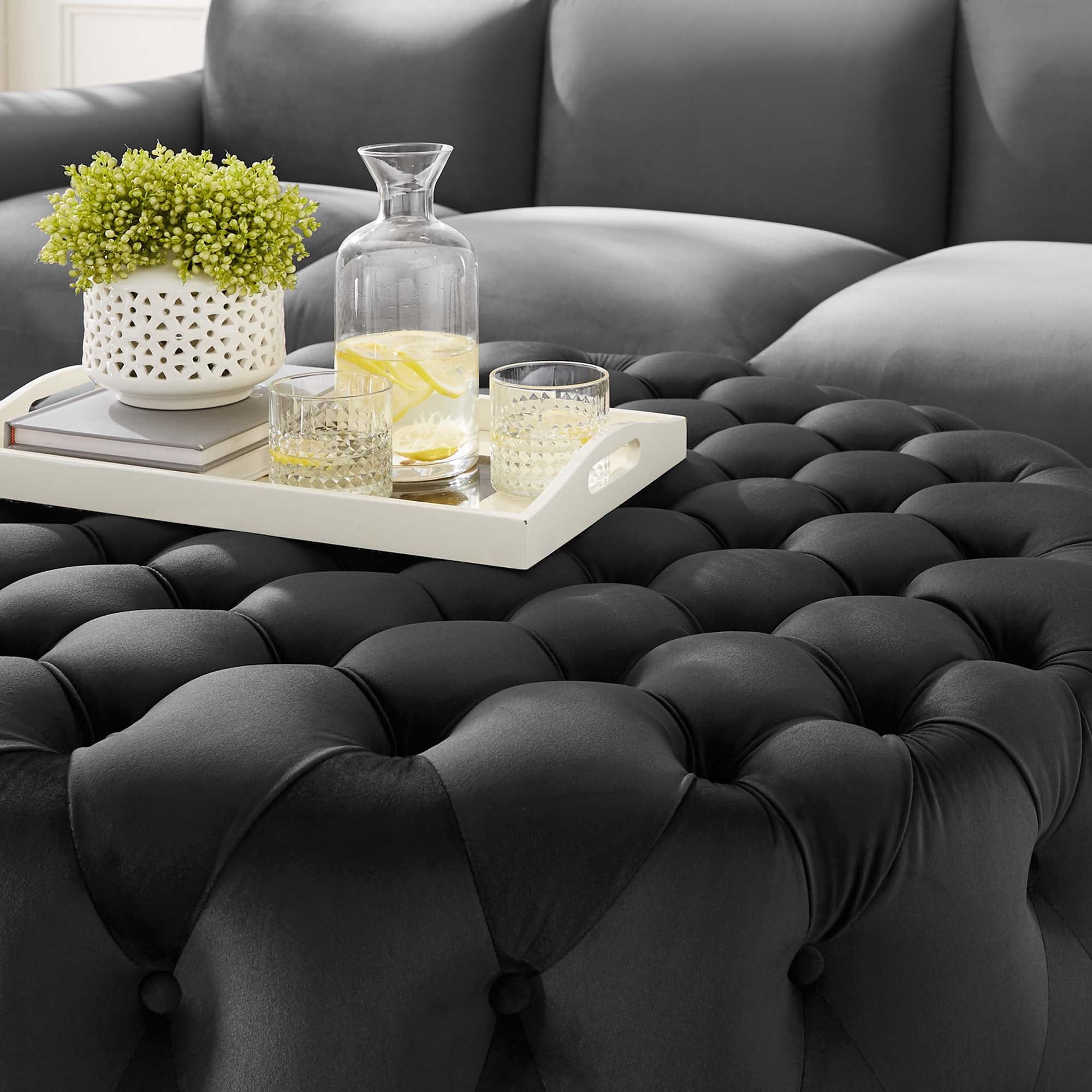 Amour Tufted Button Large Round Performance Velvet Ottoman - Image 10