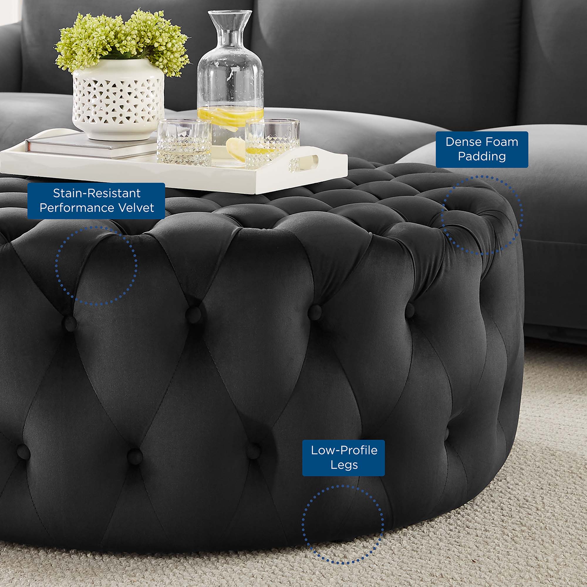 Amour Tufted Button Large Round Performance Velvet Ottoman - Image 9