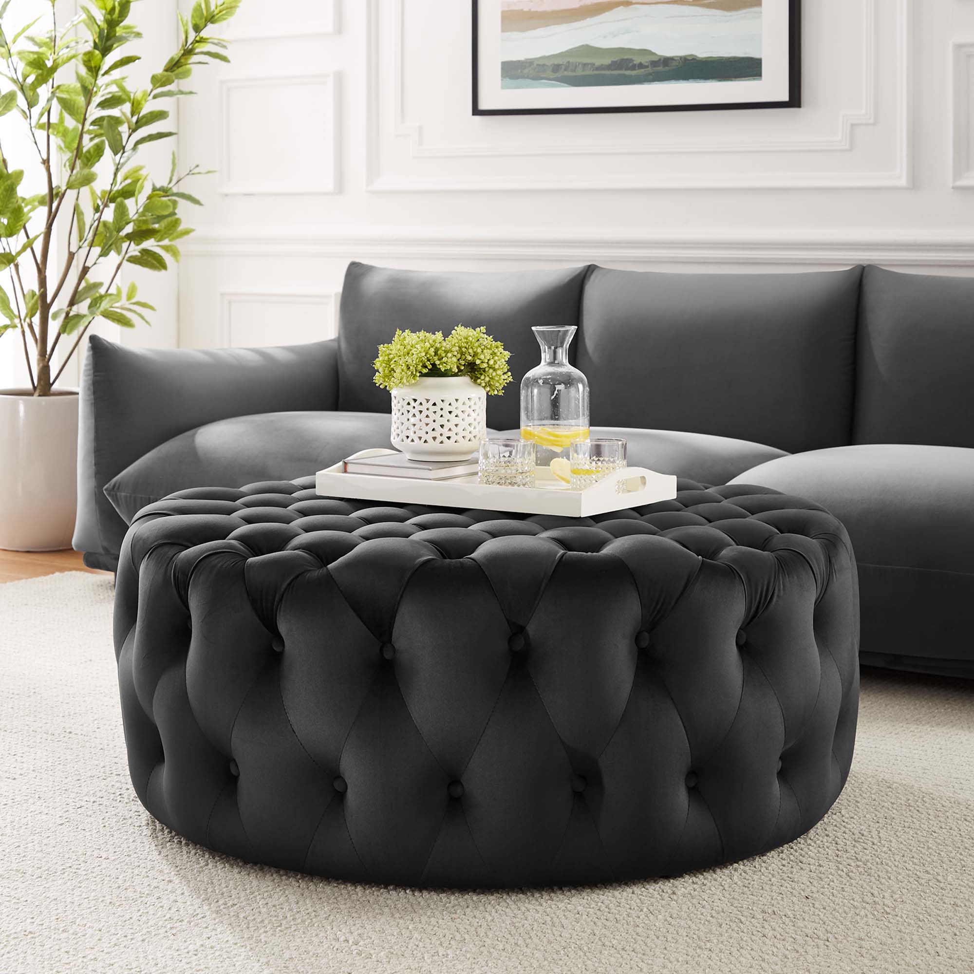 Amour Tufted Button Large Round Performance Velvet Ottoman view 7