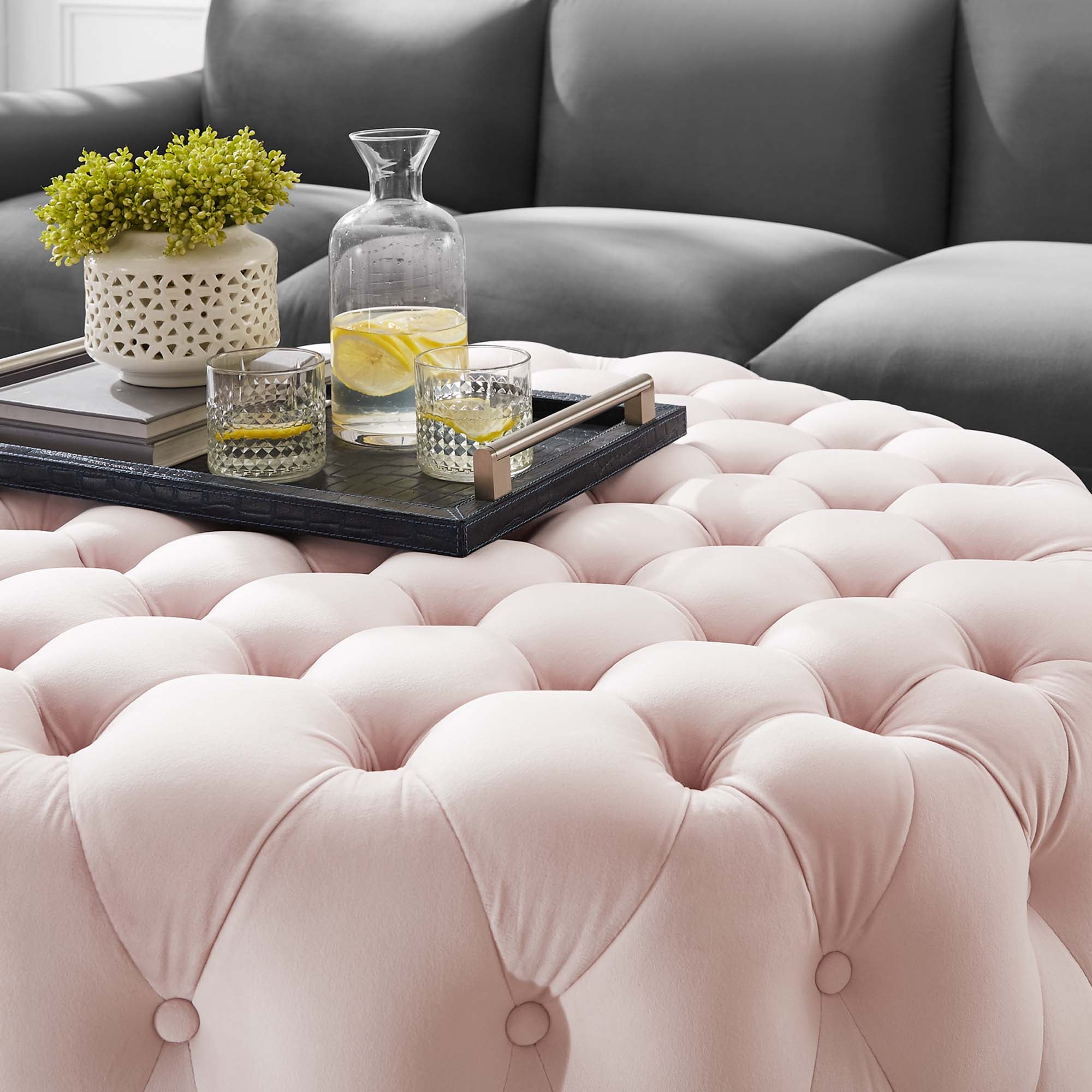 Amour Tufted Button Large Round Performance Velvet Ottoman view 3