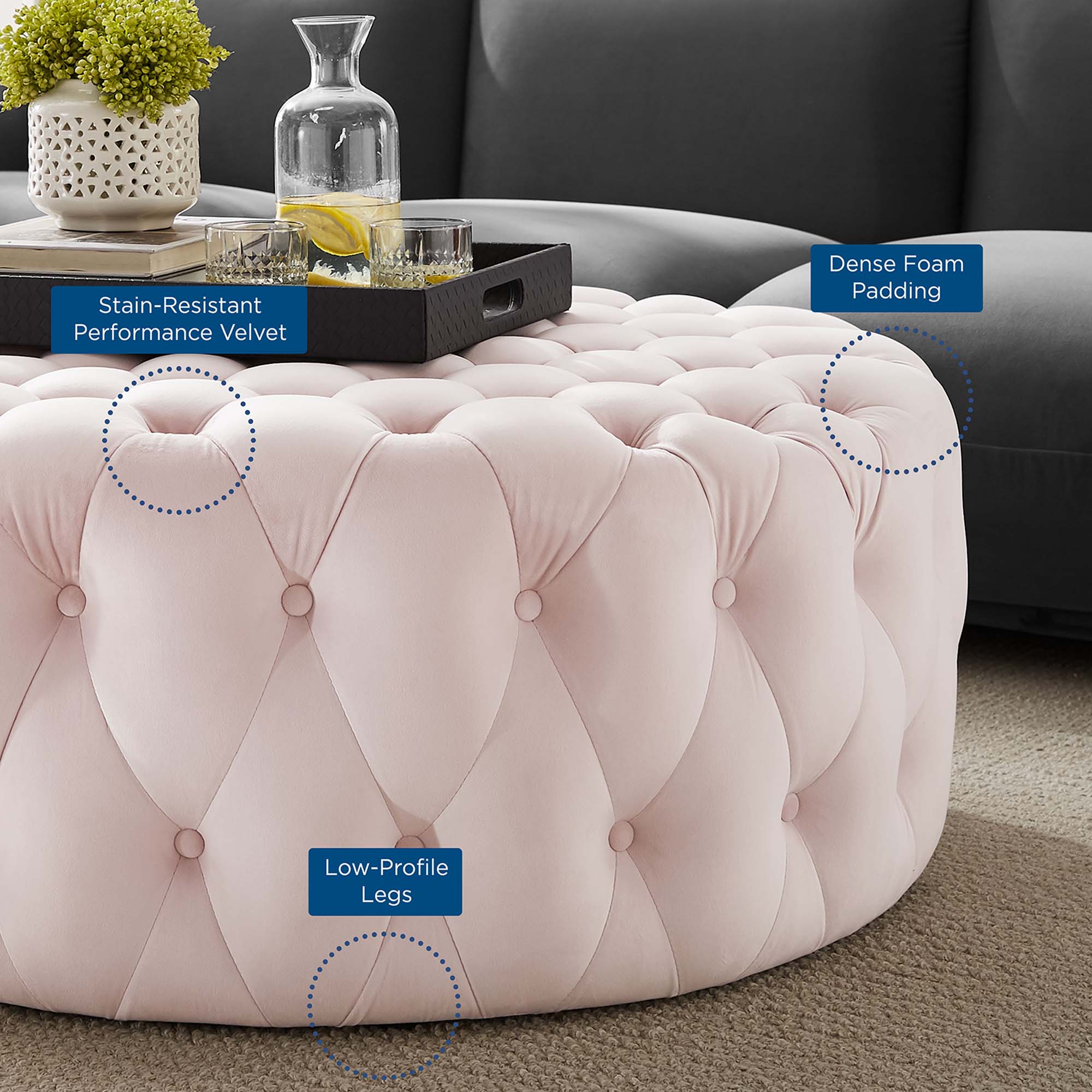 Amour Tufted Button Large Round Performance Velvet Ottoman view 4