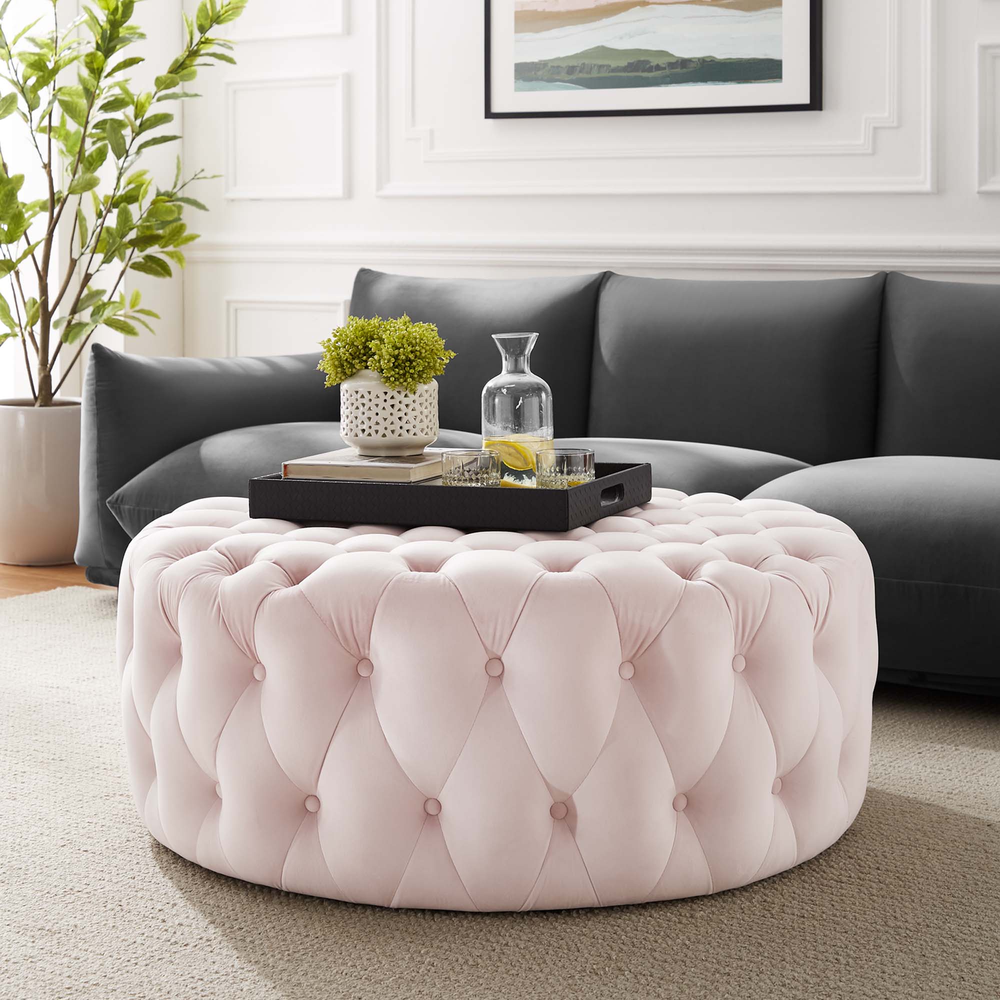 Amour Tufted Button Large Round Performance Velvet Ottoman view 2