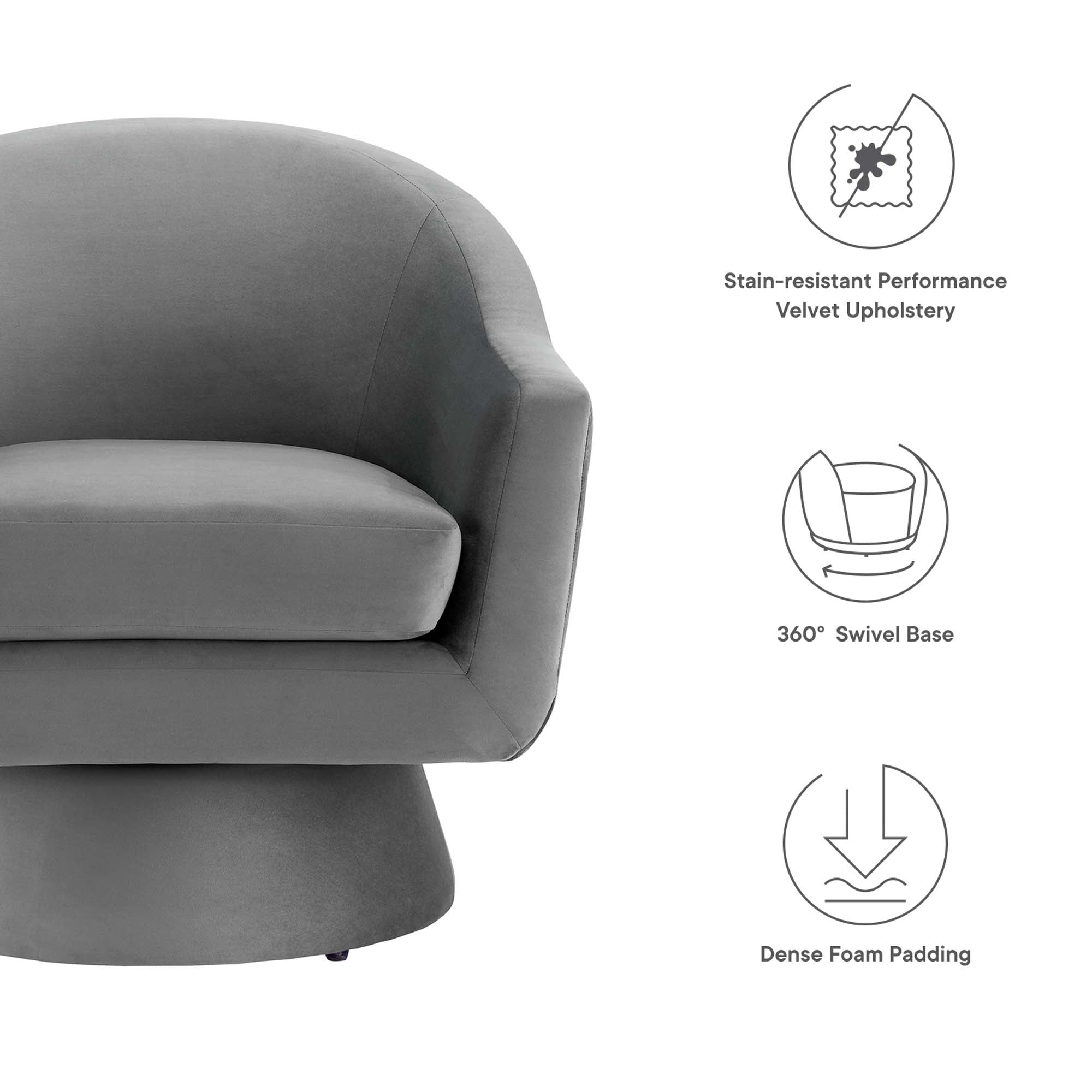 Astral Performance Velvet Fabric and Wood Swivel Chair view 3