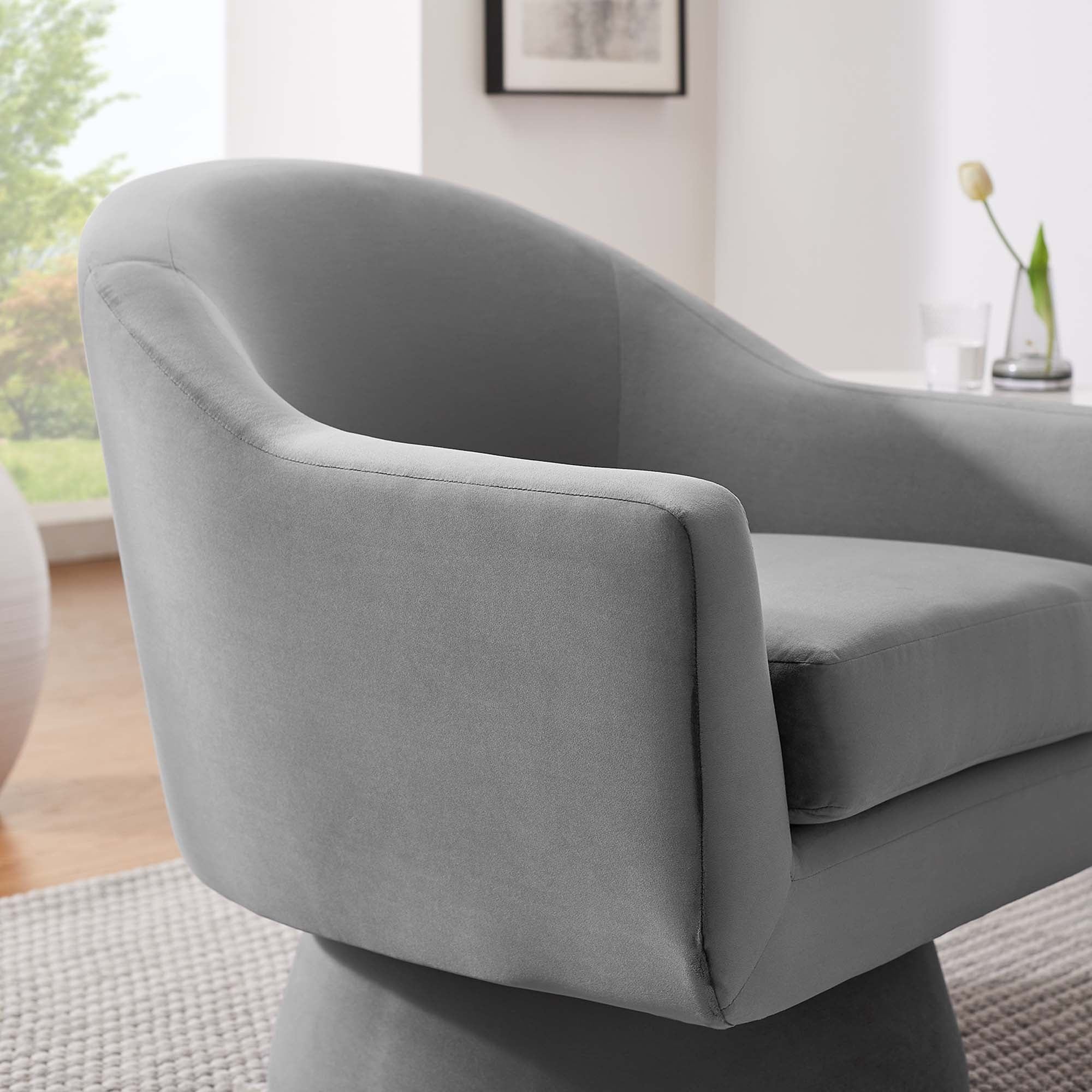 Astral Performance Velvet Fabric and Wood Swivel Chair view 5