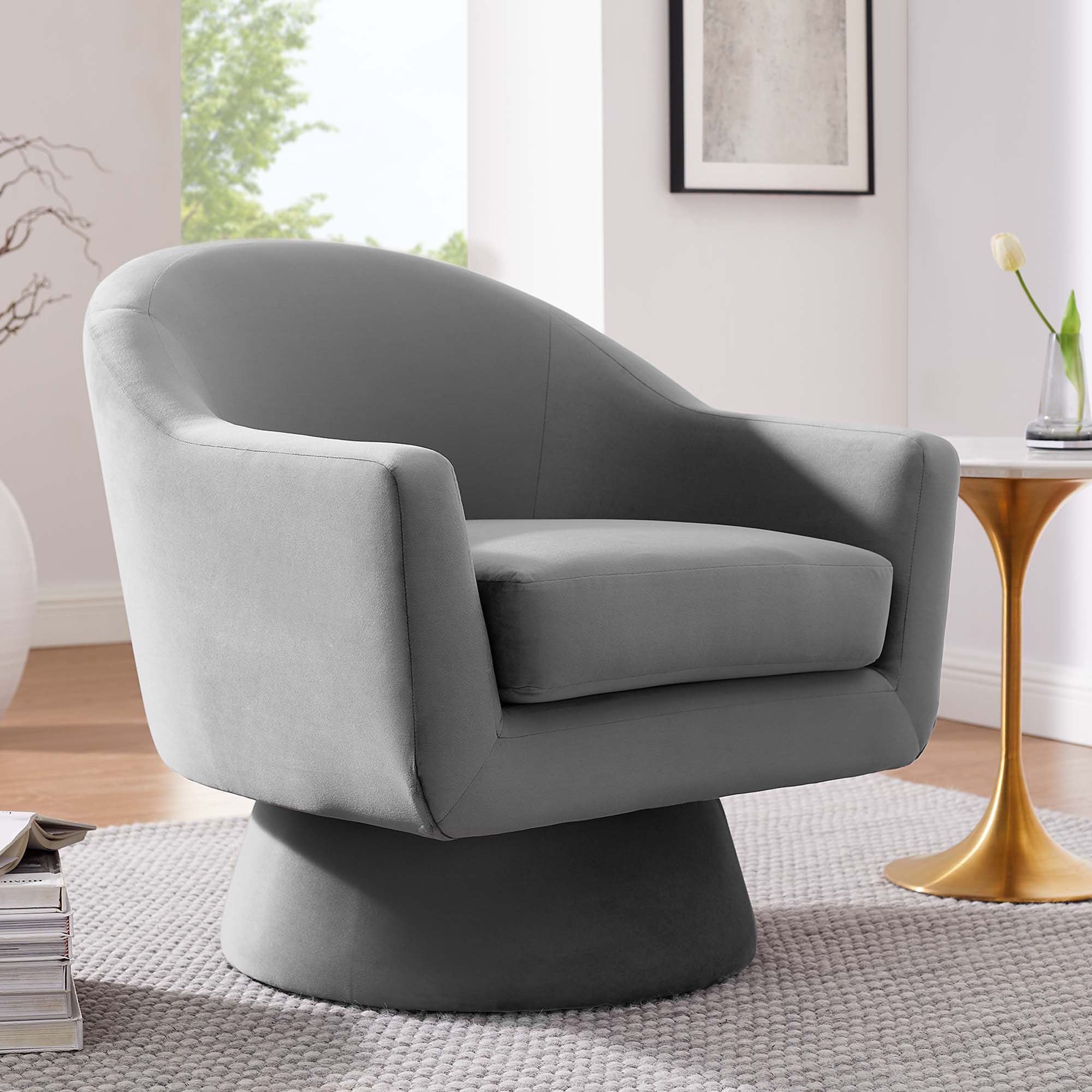 Astral Performance Velvet Fabric and Wood Swivel Chair view 2