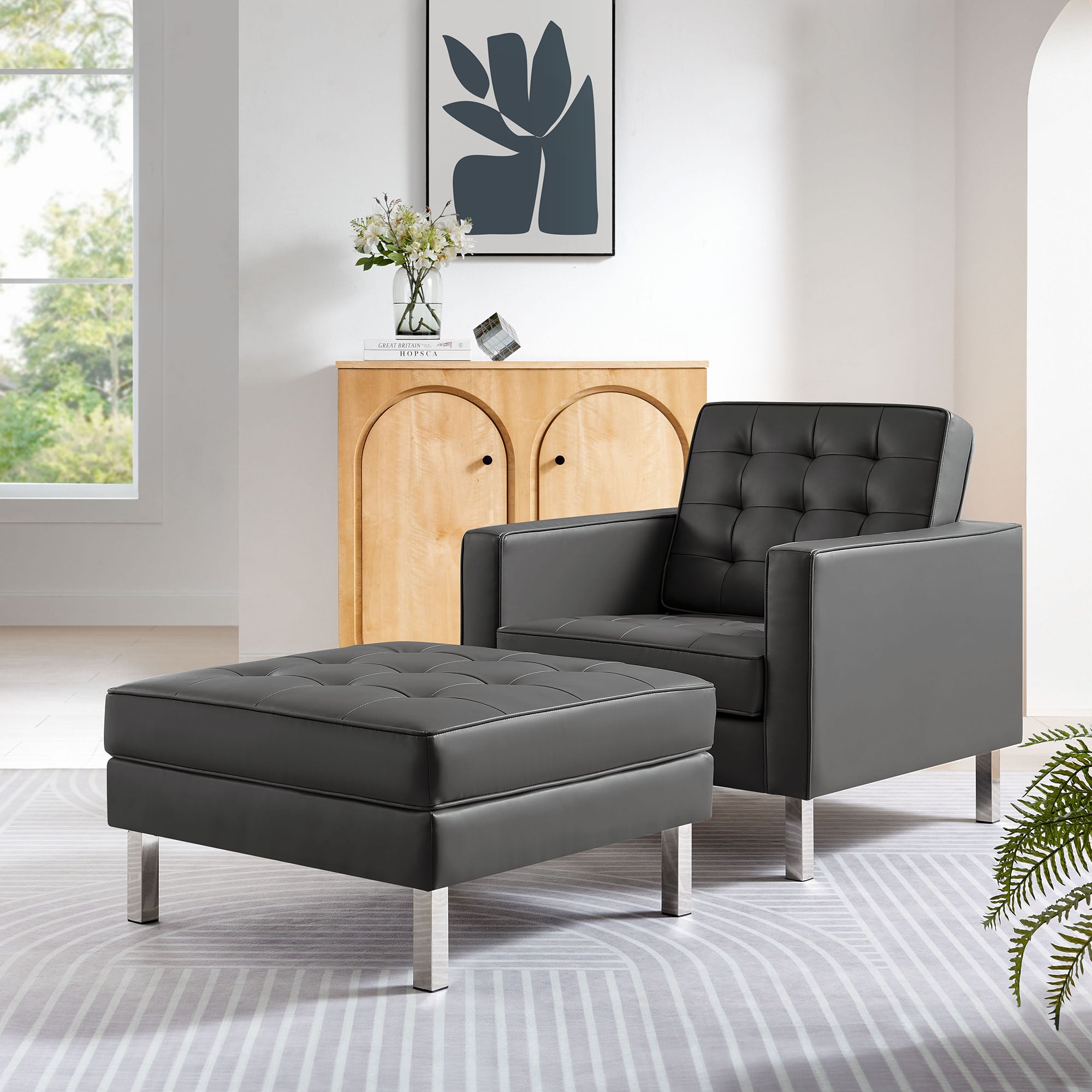 Loft Tufted Vegan Leather Armchair and Ottoman Set - Image 2