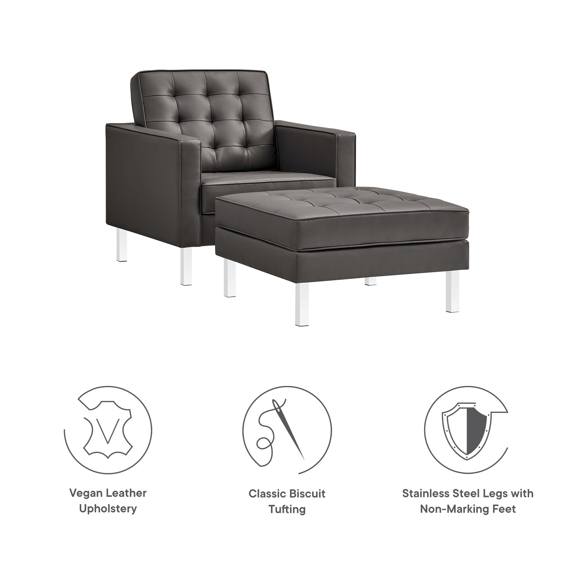 Loft Tufted Vegan Leather Armchair and Ottoman Set - Image 3