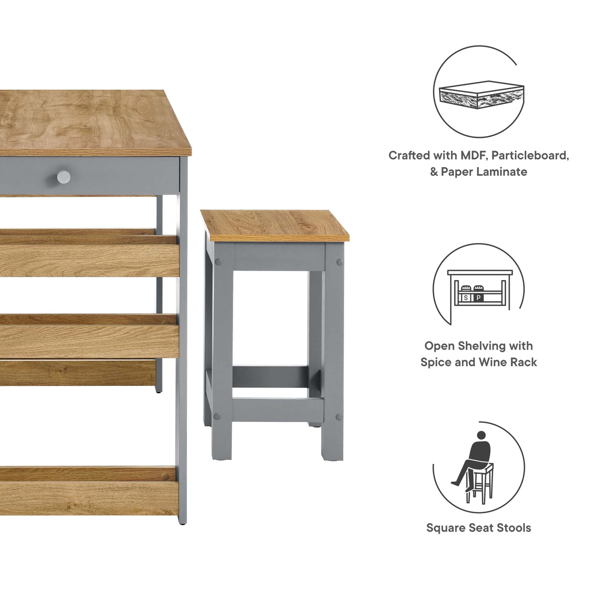 Galley 3-Piece Kitchen Island and Stool Set - Image 3