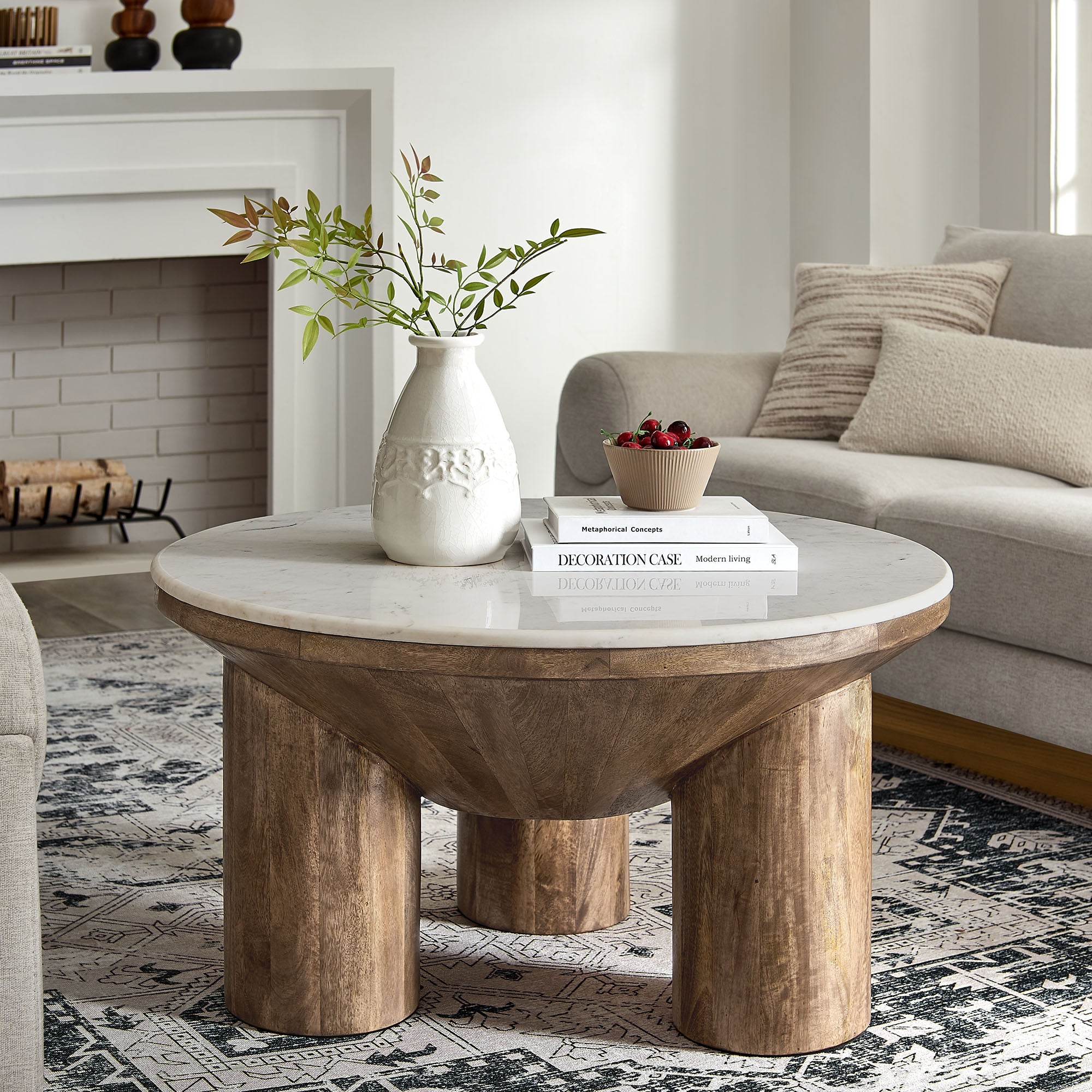 Ellison 33″ Round Wood Coffee Table With Marble Top view 2