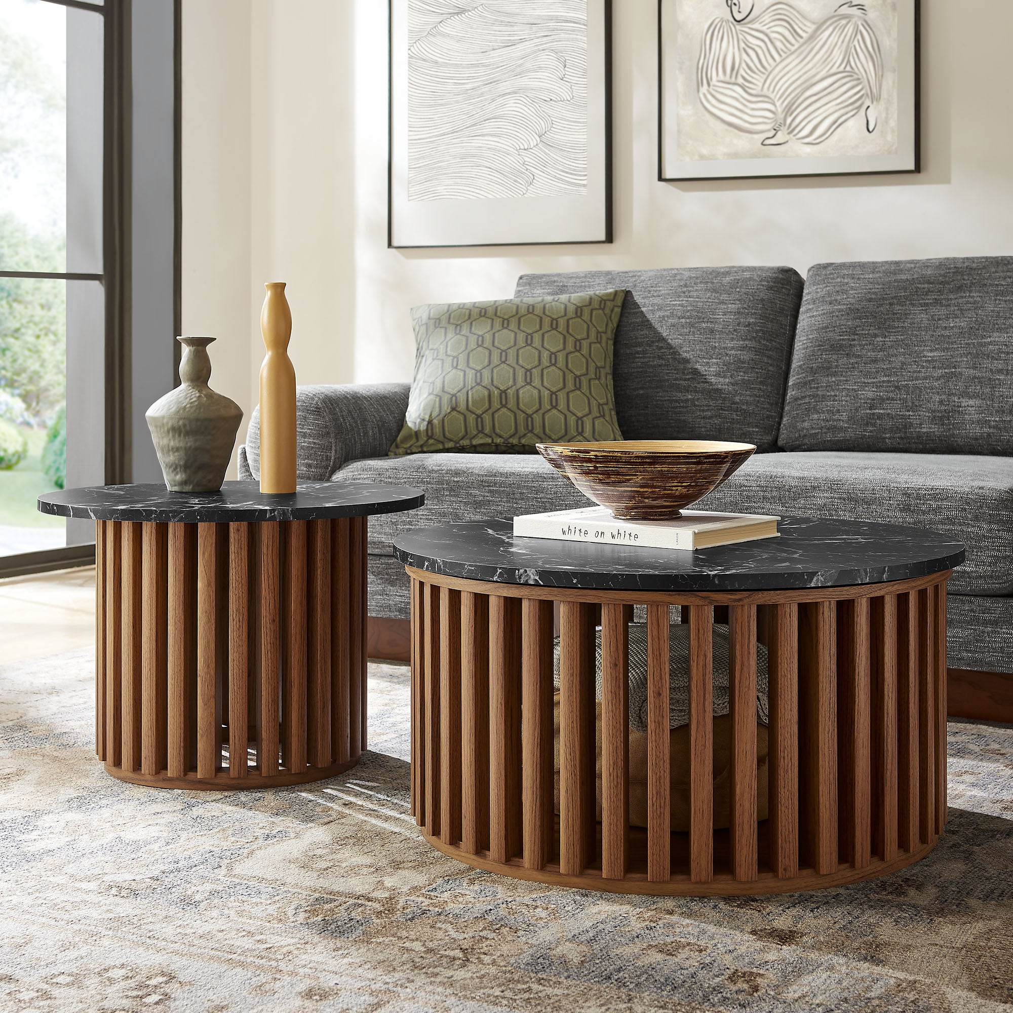 Fortitude Round Faux Marble Top Nesting Coffee Table Set view 2