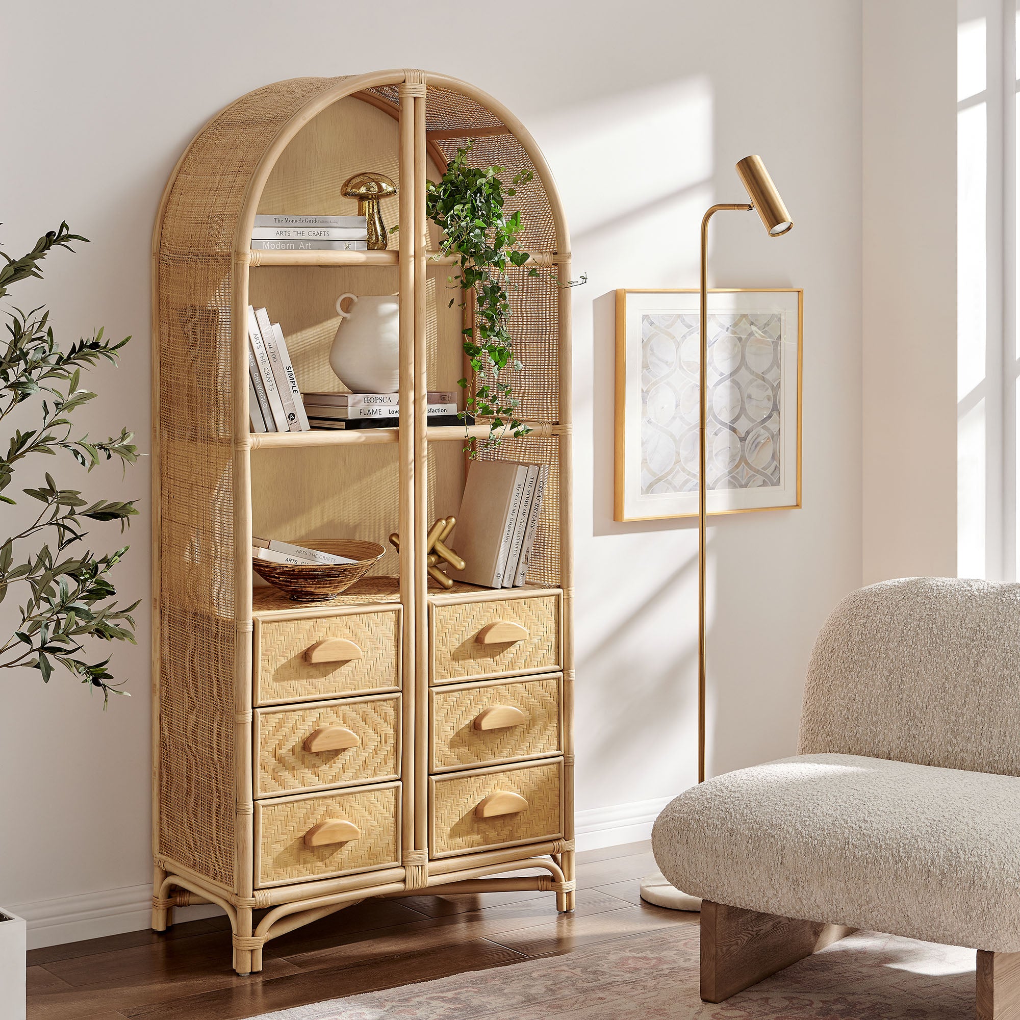 Jane 71 Inch Tall Arched Natural Rattan Bookshelf view 2