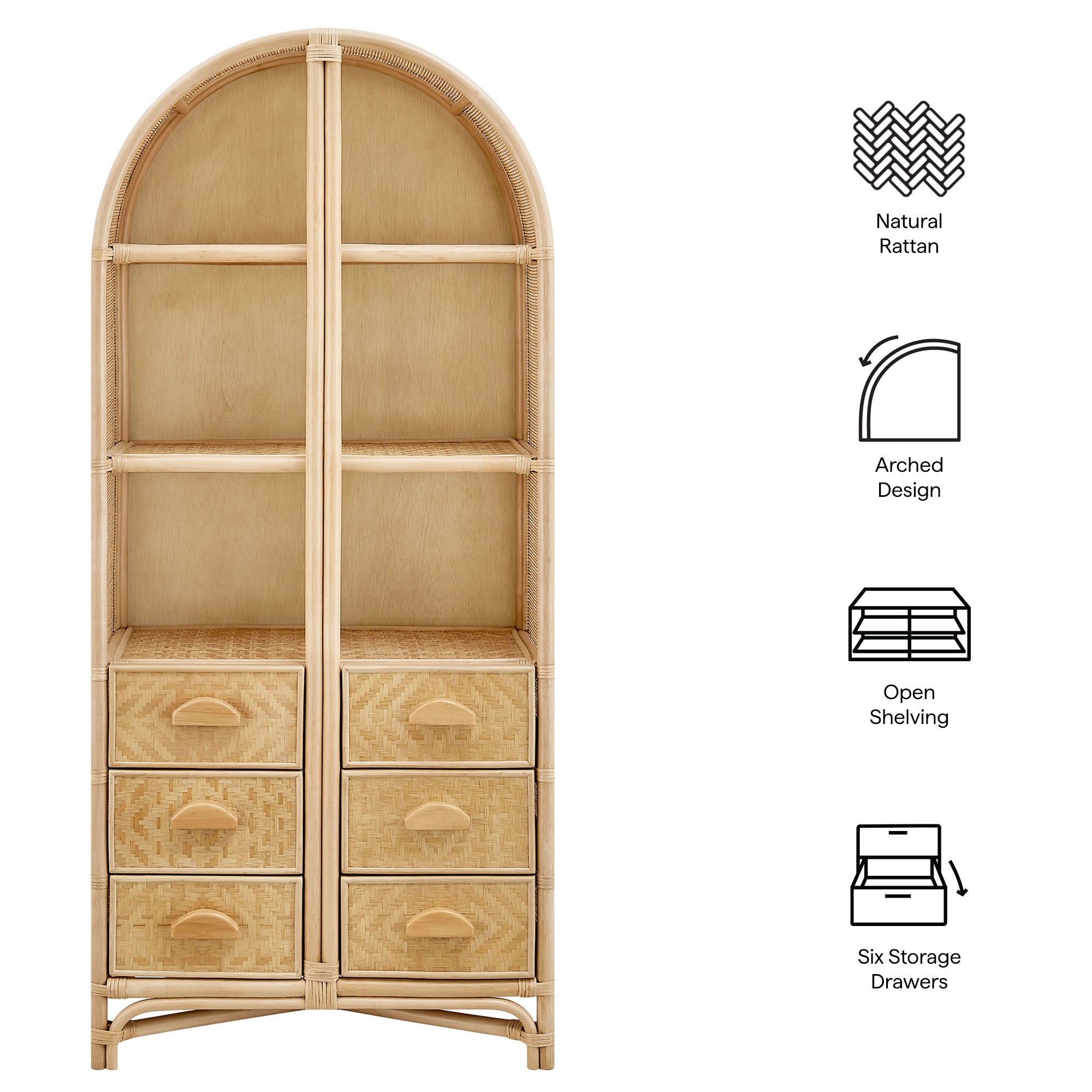 Jane 71 Inch Tall Arched Natural Rattan Bookshelf view 3