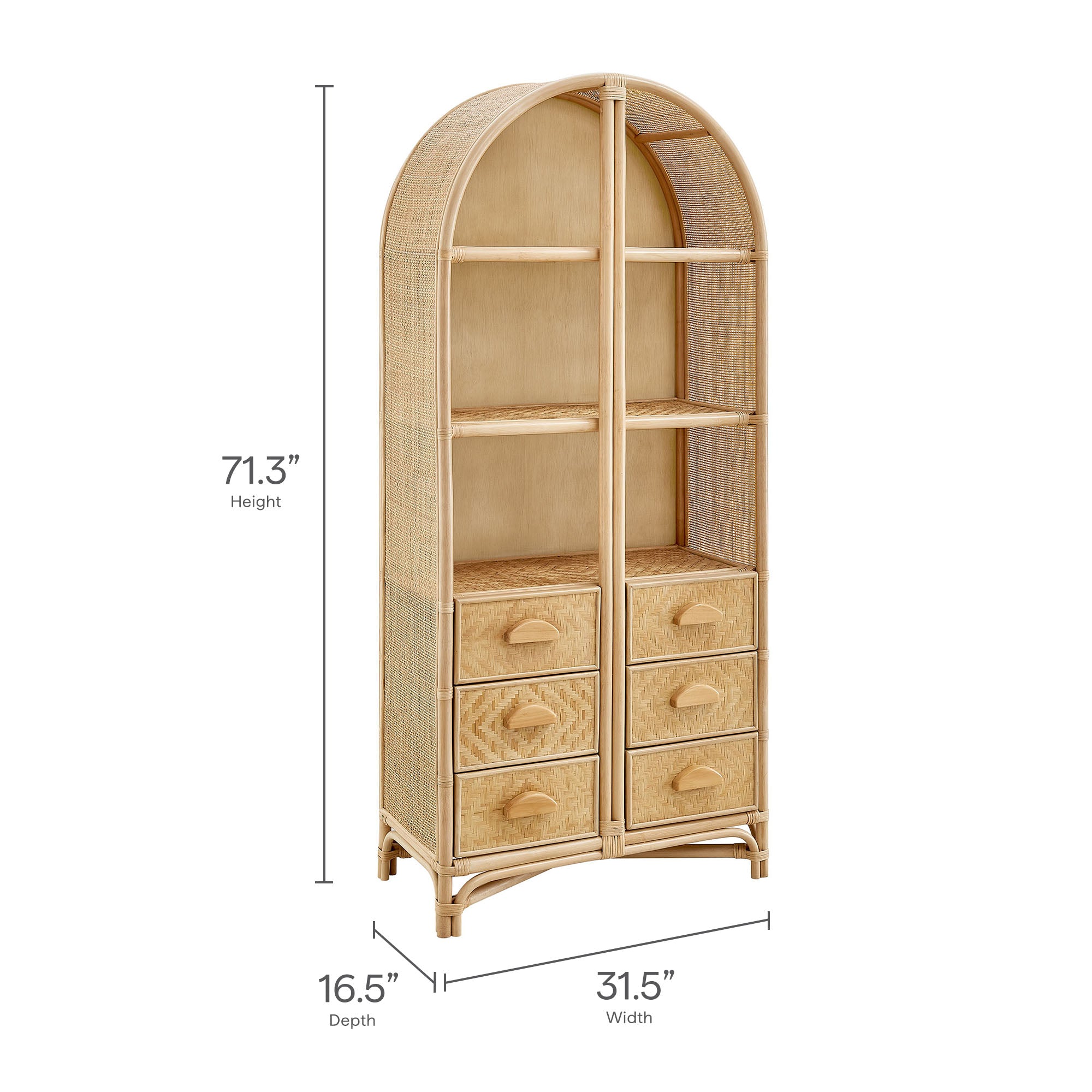 Jane 71 Inch Tall Arched Natural Rattan Bookshelf view 4