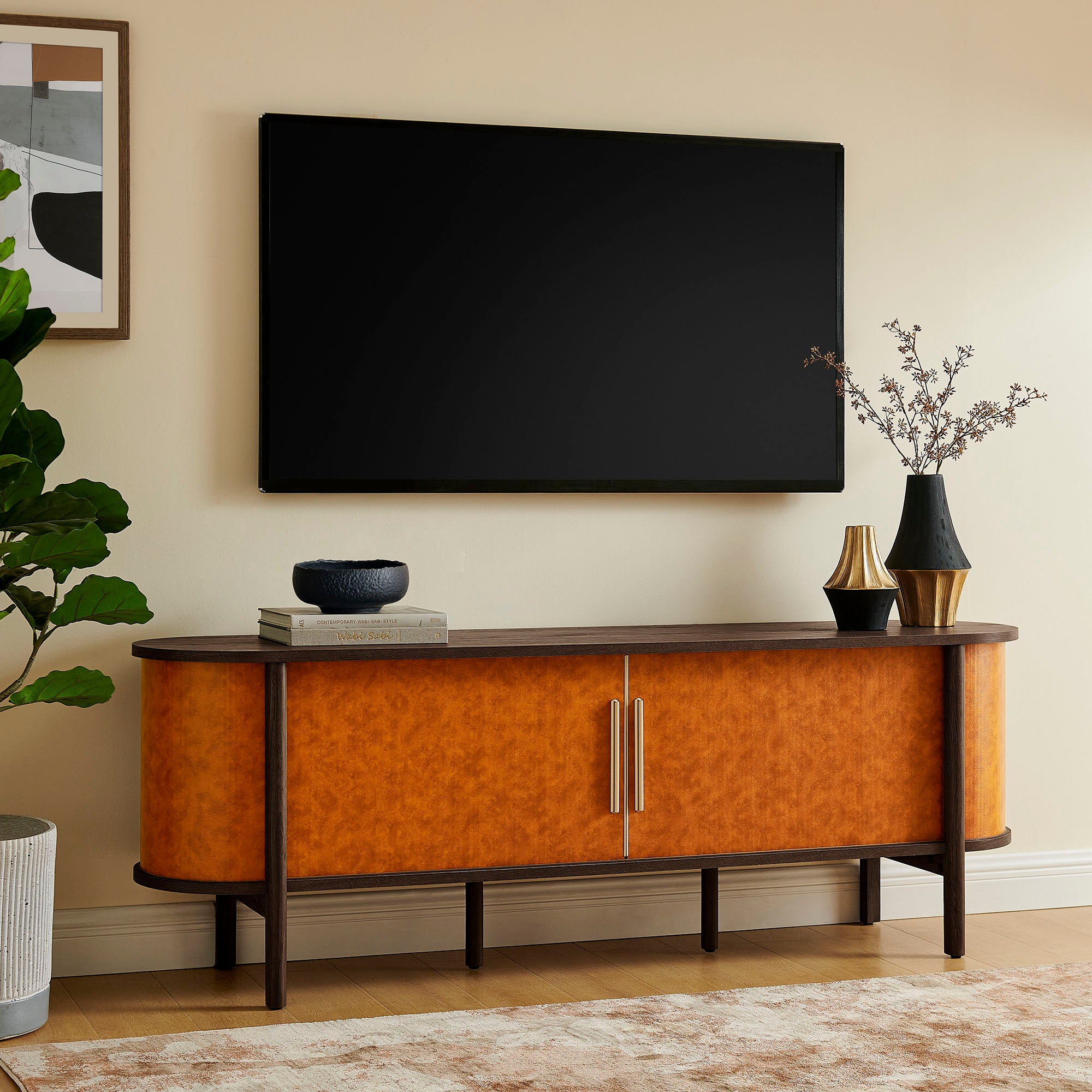 Coralie Curved 71″ Vegan Leather Oval TV Stand view 2