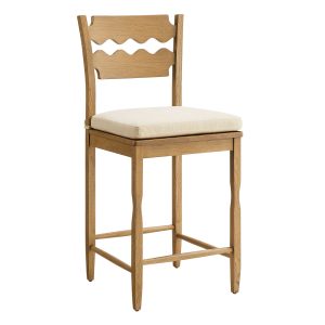 Jax Oak Wood Counter Stool With Wavy Razor Back and Cushion